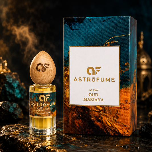 ASTROFUME MARIANA OUD amber vanilla attar perfume with premium teal and gold packaging